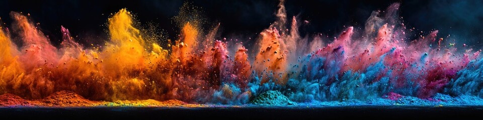 dynamic burst of colorful holi powders captured in mid-motion against dark matte background with subtle lighting