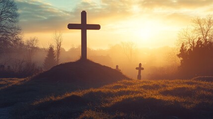Empty Tomb With Crucifixion At Sunrise - Resurrection Concept