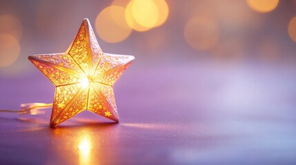 glowing star-shaped lantern placed on smooth lavender surface with subtle golden reflections