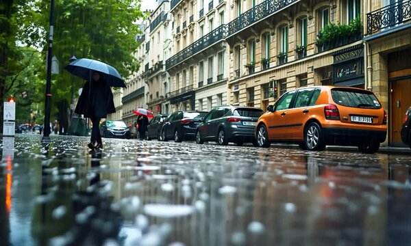 Rainy street scene with pedestrians and parked cars in Paris