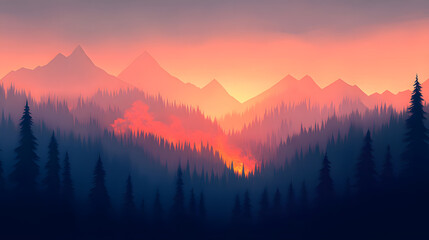 A mountain landscape consumed by a forest fire, with glowing orange and red flames licking up the slopes. The wind visibly disturbs the smoke, creating curling wisps and spreading the fire. Distant