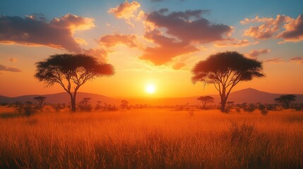 A vibrant sunset over a savanna landscape, highlighting tall grasses and silhouette trees against a colorful sky.