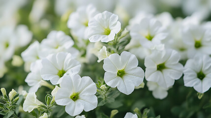 Close-up of White Petunias in Bloom, petunia flowers, white flowers, blooming flowers, flower bed, garden flowers