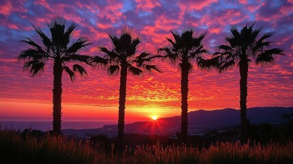 A vibrant sunset over a coastal landscape, framed by silhouetted palm trees against a colorful sky.