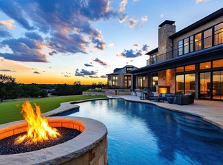 Beautiful home with luxury swimming pool and fire pit in the backyard of a modern American-style house