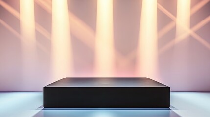 simple flat podium in matte black framed by beams of light and set against clean gradient backdrop