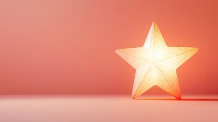 single glowing star lantern standing on pastel coral background with soft shadows