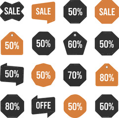 set of web stickers, banners, and labels with sale price tags, discount special offer symbols, and various percent discount signs.