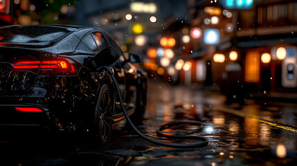 Electric Car Charging at Night in City Street, rain, wet, dark, bokeh, lights