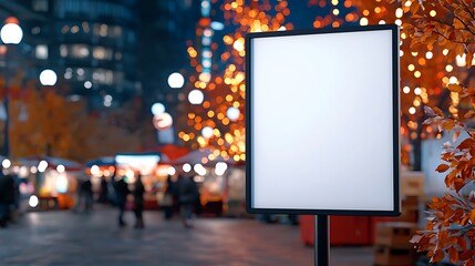 Blank Sign in a Festive City Setting at Night