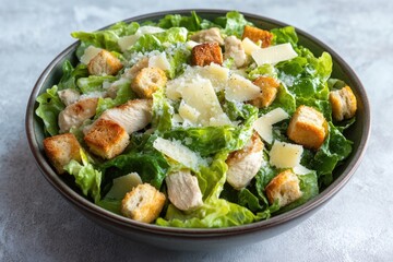 vibrant chicken caesar salad with crisp lettuce croutons and grated parmesan cheese served in modern bowl with generous