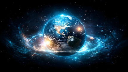 Obraz premium Earth in Space with Glowing Nebula, planet, universe, cosmos, galaxy, stars