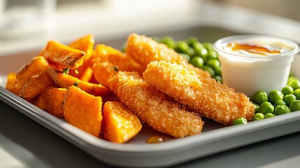 Close-up of a plate of breaded fish sticks, sweet potato wedges, and peas.