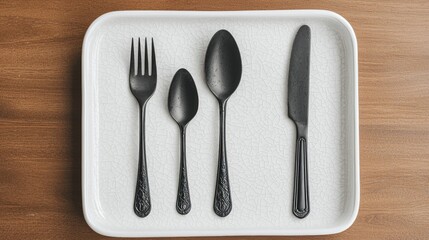 Black cutlery set on tray, wooden background, tabletop