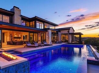 Beautiful home with luxury swimming pool and fire pit in the backyard of a modern American-style house