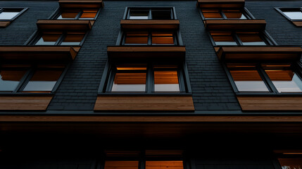 Fototapeta premium Modern Apartment Building Exterior at Night, modern architecture, windows, lights, dark, slate