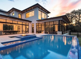 Beautiful home with luxury swimming pool and fire pit in the backyard of a modern American-style house