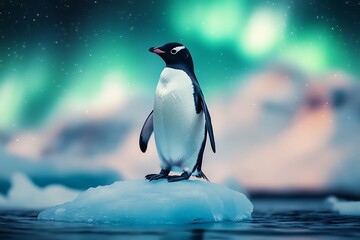 Obraz premium Majestic Penguin Under Aurora Australis