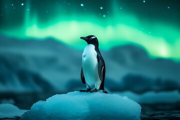Fototapeta premium Penguin Under Aurora Australis