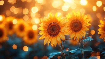 Fototapeta premium A vibrant close-up of sunflowers against a soft, glowing background, evoking warmth and tranquility.