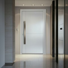 Minimalist white door, bold handle, subtle lines.