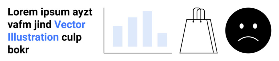 Abstract business elements include text, bar graph, shopping bag, and sad face icon. Ideal for marketing, ecommerce, consumer behavior, business analytics, customer feedback online shopping