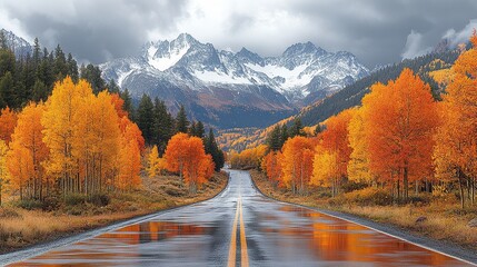 A scenic road through vibrant autumn foliage with mountains in the background, reflecting on a wet surface.