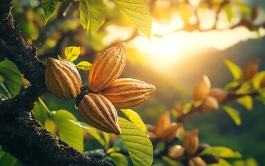Detailed closeup of cocoa beans on the tree