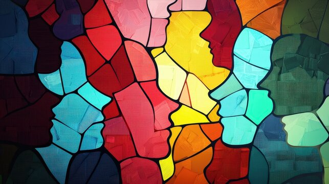 A glowing mosaic of faces representing unity in cultural and linguistic diversity