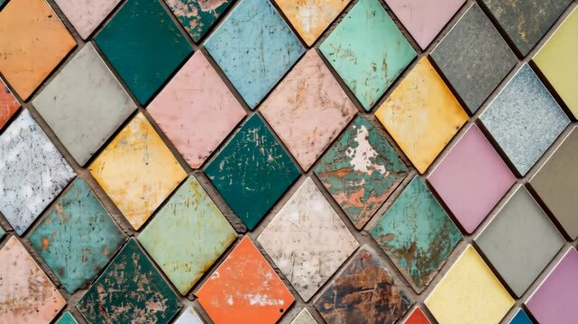 Unique colorful tiles arranged in a diamond pattern creating a vibrant wall design