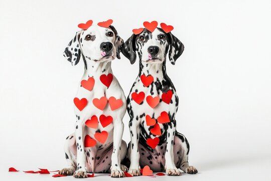 Twos dalmatians with many red paper hearts on their body and heads love dogs pet.
