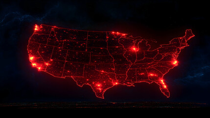Obraz premium Glowing Red Map of the United States at Night, USA, America, lights, cities, country