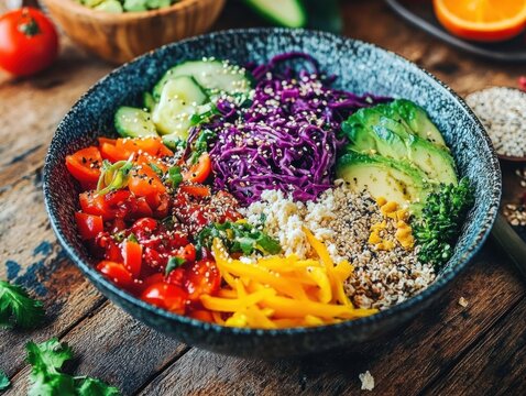 A colorful vegan Buddha bowl, on a rustic wooden table, featuring a variety of fresh