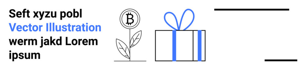 Bitcoin coin growing from plant, representing investment growth. Gift box tied with blue ribbon suggesting rewards or incentives. Ideal for finance, cryptocurrency, investment, growth, rewards