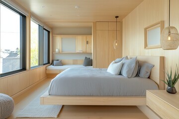 Tranquil bedroom, gray bedding, light wood furniture.