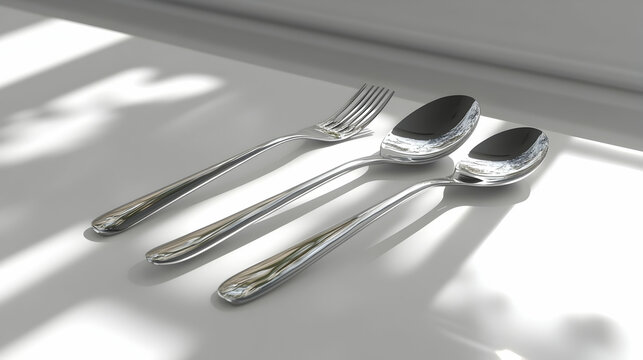 Elegant Silverware Set on White Background, cutlery, fork, spoons, teaspoon, tablespoon