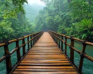 Fototapeta premium Long wooden bridge crossing a clear river in the rainforest, lush green trees and tropical plants on both sides, mist rising off the water, calm and serene natural landscape