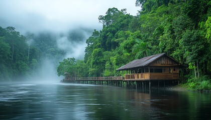 Obraz premium Long wooden bridge stretching across a river in the rainforest