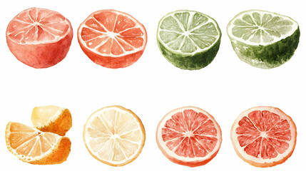 Obraz premium Watercolor Citrus Fruits Lemons, Limes, Grapefruits, orange, slices, segments, half, cut