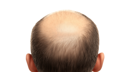 PNG, Hair loss concept, man's head with problem areas of baldness, isolated on white background, generated by Generative AI technology.