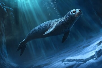 Naklejka premium Majestic Seal Underwater: A Digital Painting of a Leopard Seal Gracefully Swimming in the Arctic Ocean's Mystical Depths