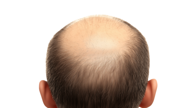 PNG, Hair loss concept, man's head with problem areas of baldness, isolated on white background, generated by Generative AI technology.