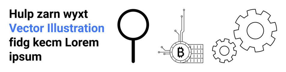 Magnifying glass, Bitcoin circuit, and gears indicate technology, digital finance, search, innovation, and engineering. Ideal for tech blogs, finance, cryptocurrency, engineering, education