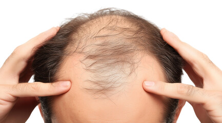 Fototapeta premium PNG, Hair loss concept, man's head with problem areas of baldness, isolated on white background, generated by Generative AI technology.