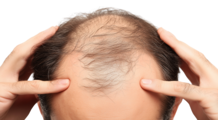 PNG, Hair loss concept, man's head with problem areas of baldness, isolated on white background, generated by Generative AI technology.