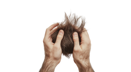 PNG, Hair loss concept, hair in hands, isolated on white background, generated by Generative AI technology.