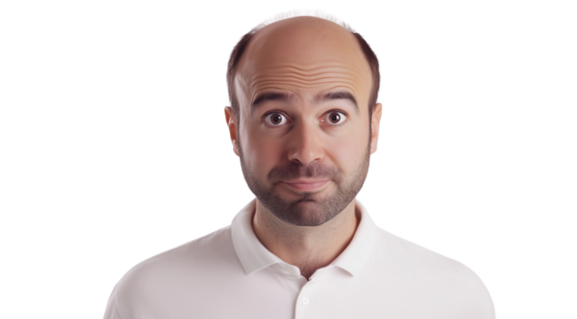 PNG, Hair loss concept, upset man, isolated on white background, generated by Generative AI technology.
