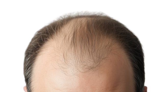 PNG, Hair loss concept, man's head with problem areas of baldness, isolated on white background, generated by Generative AI technology.