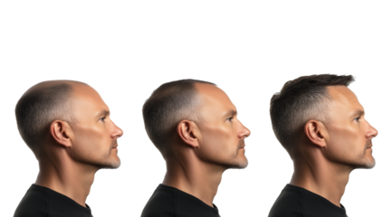 PNG, Concept of hair loss, treatment result - before, after, isolated on white background, generated by Generative AI technology.