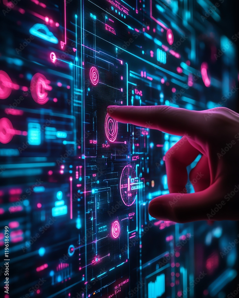 Aufkleber futuristic digital hand touching a hightech data interface, floating icons and holographic elements,